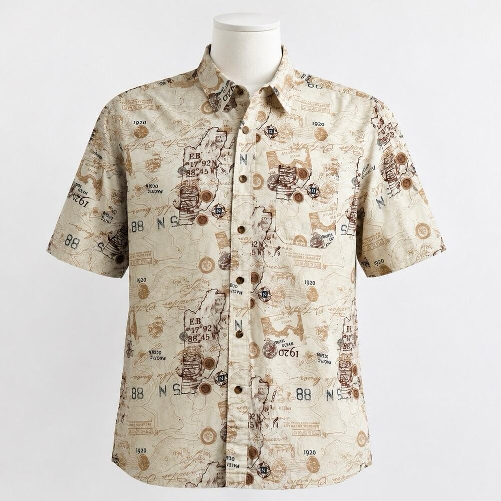 Eddie Bauer Sport Shop Shirt Mens Size XL Beige Short Sleeve Button Topography